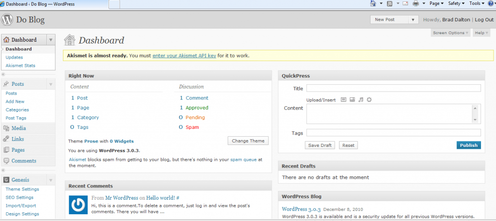 Wordpress Admin Dashboard
