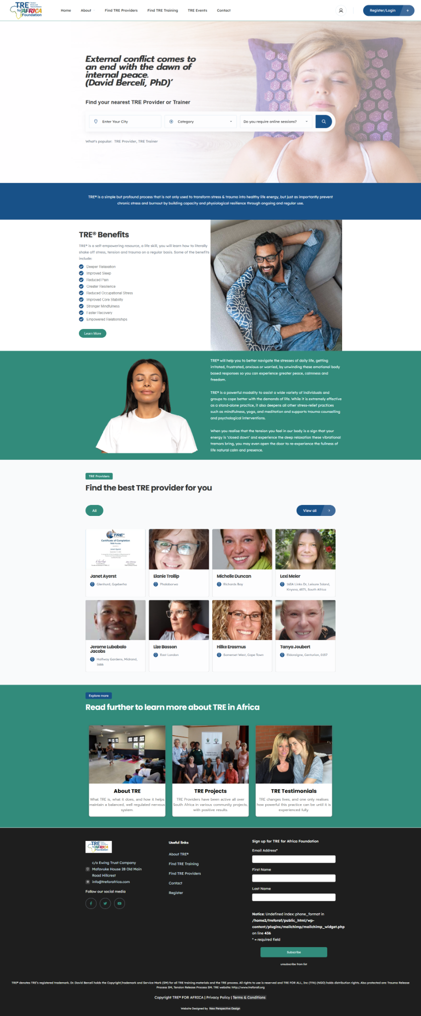 Homepage of the TRE for Africa platform showcasing member discovery and search