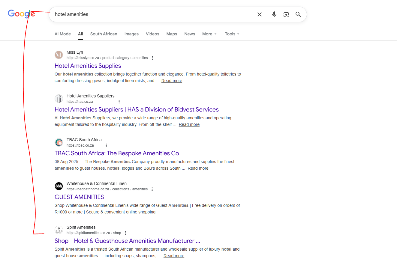 Spirit Amenities ranking on page one in South Africa for the keyword hotel amenities following structured SEO and technical web development.