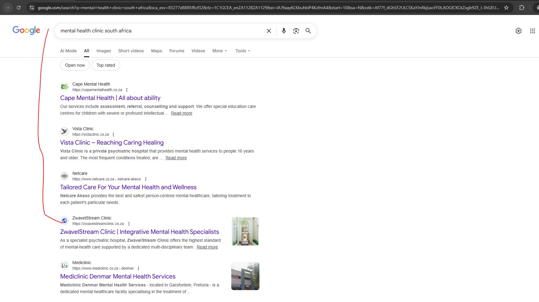 National Google ranking for mental health clinic South Africa achieved through technical SEO and structured web architecture.