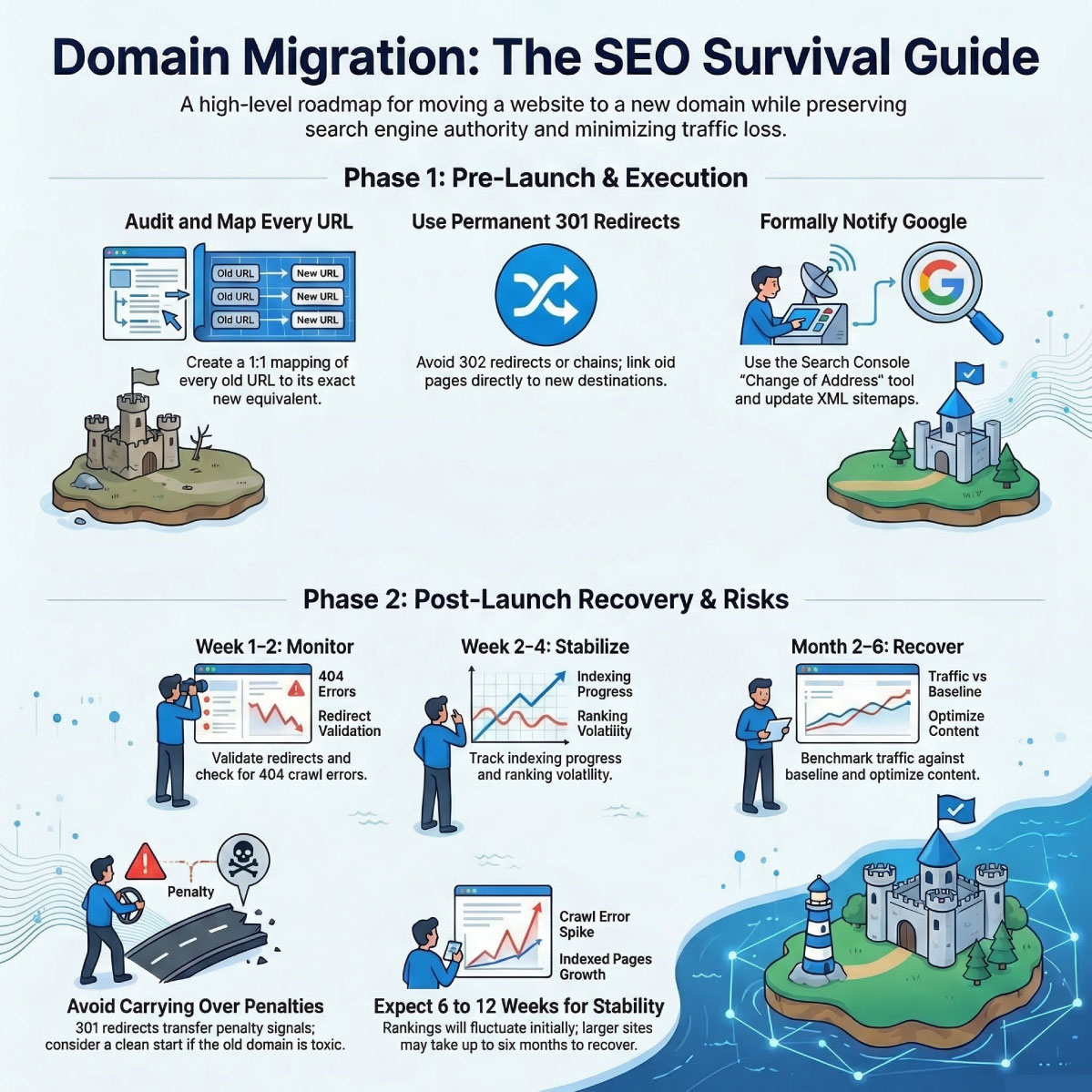 Infographic showing the website domain migration process overview, including key steps such as planning, URL mapping, redirects, indexing, and SEO considerations.