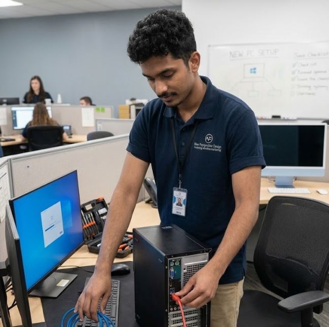 IT technician setting up a business PC in an East London office