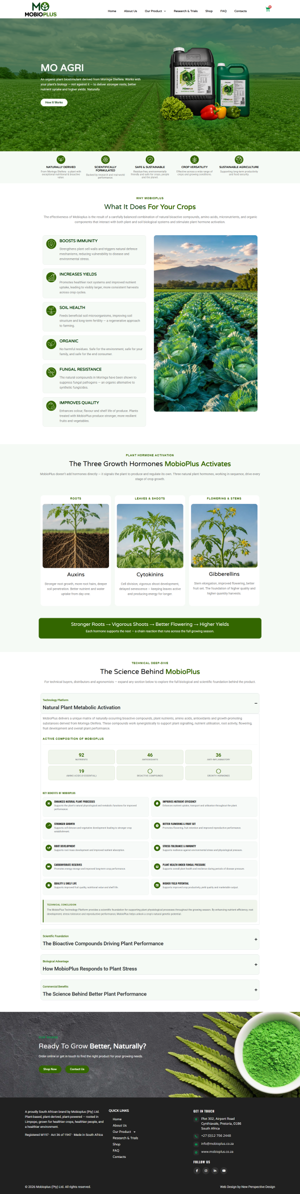 Mo agri web page deisgn Annotated homepage layout showing the trust strip and nutrient data structure from the MOBIOPLUS redesign