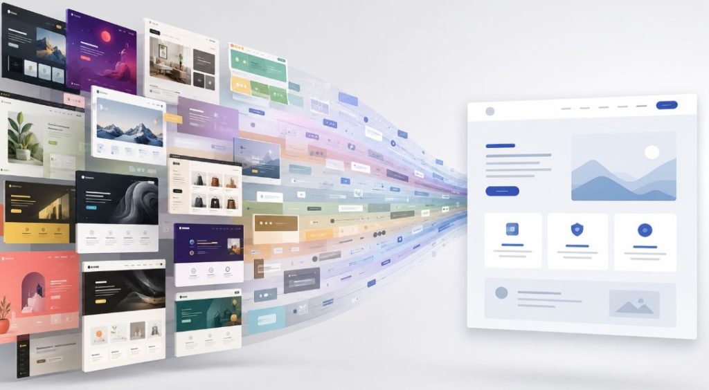 Many similar website layouts merging into one averaged generic design