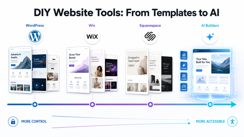 Timeline showing DIY website tools from templates to AI builders trading control for access