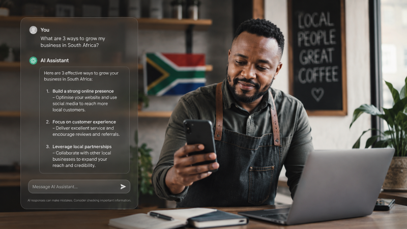 how-to-show-up-in-ai-search-south-africa South African business owner checking whether AI search recommends their company