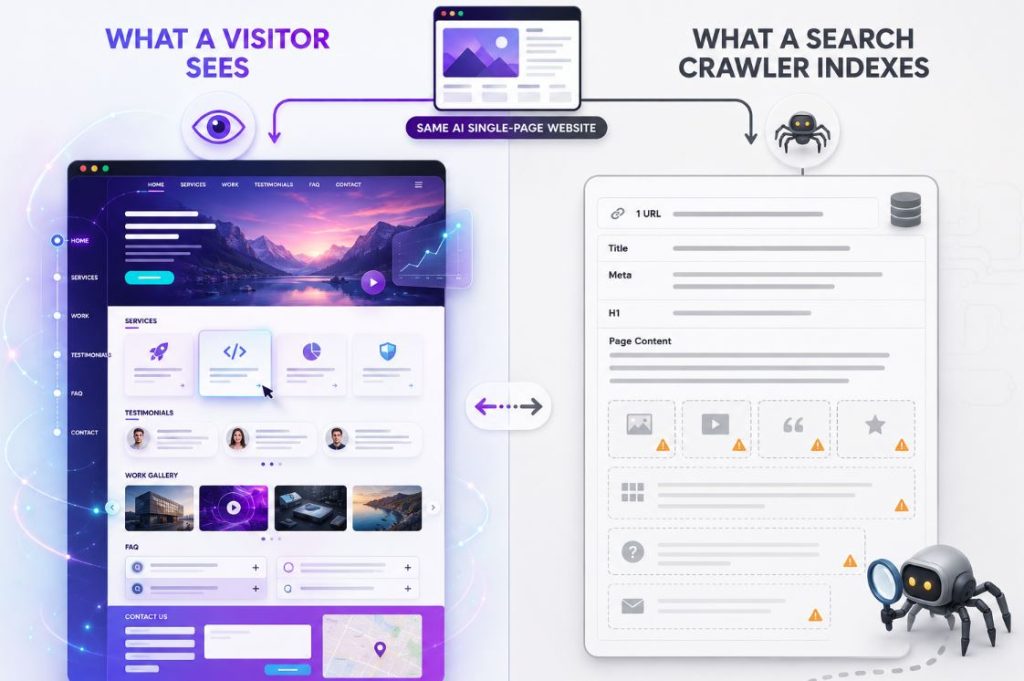 Diagram comparing what a visitor sees versus what a search crawler indexes on a single-page AI website