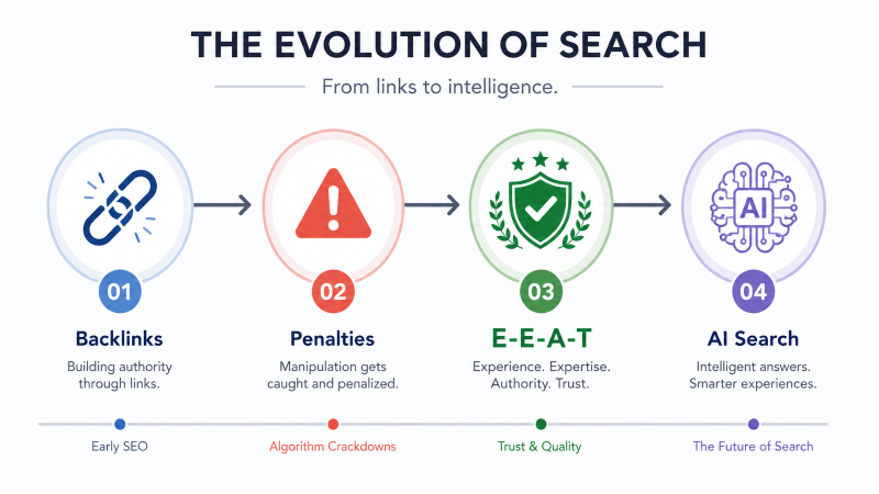 timeline showing search evolving from backlinks to E-E-A-T and now AI answer engines
