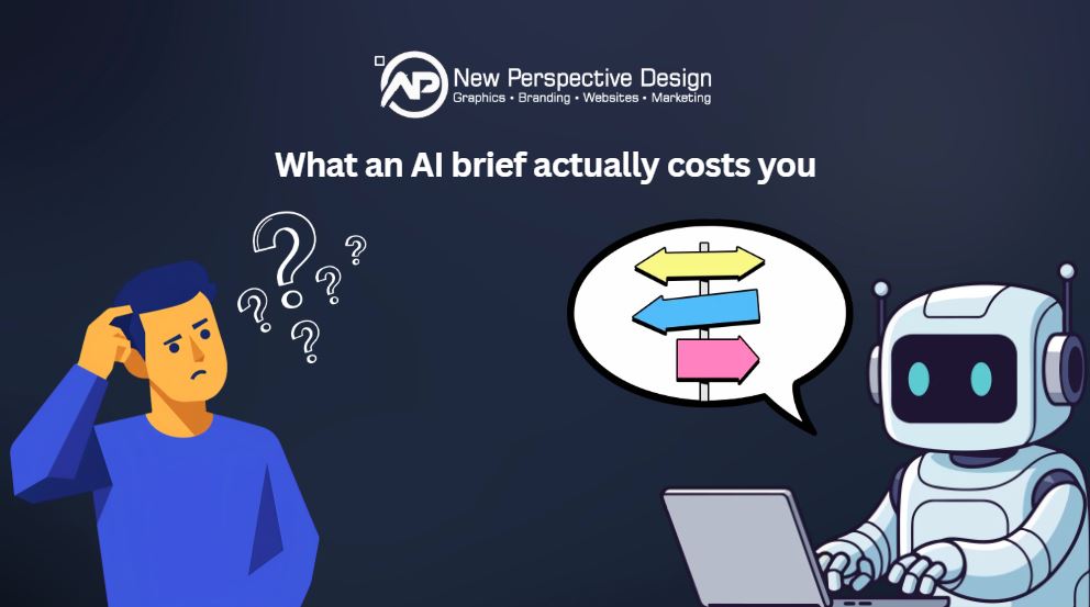 A long AI-generated website brief beside a short handwritten one, illustrating what an AI brief costs you