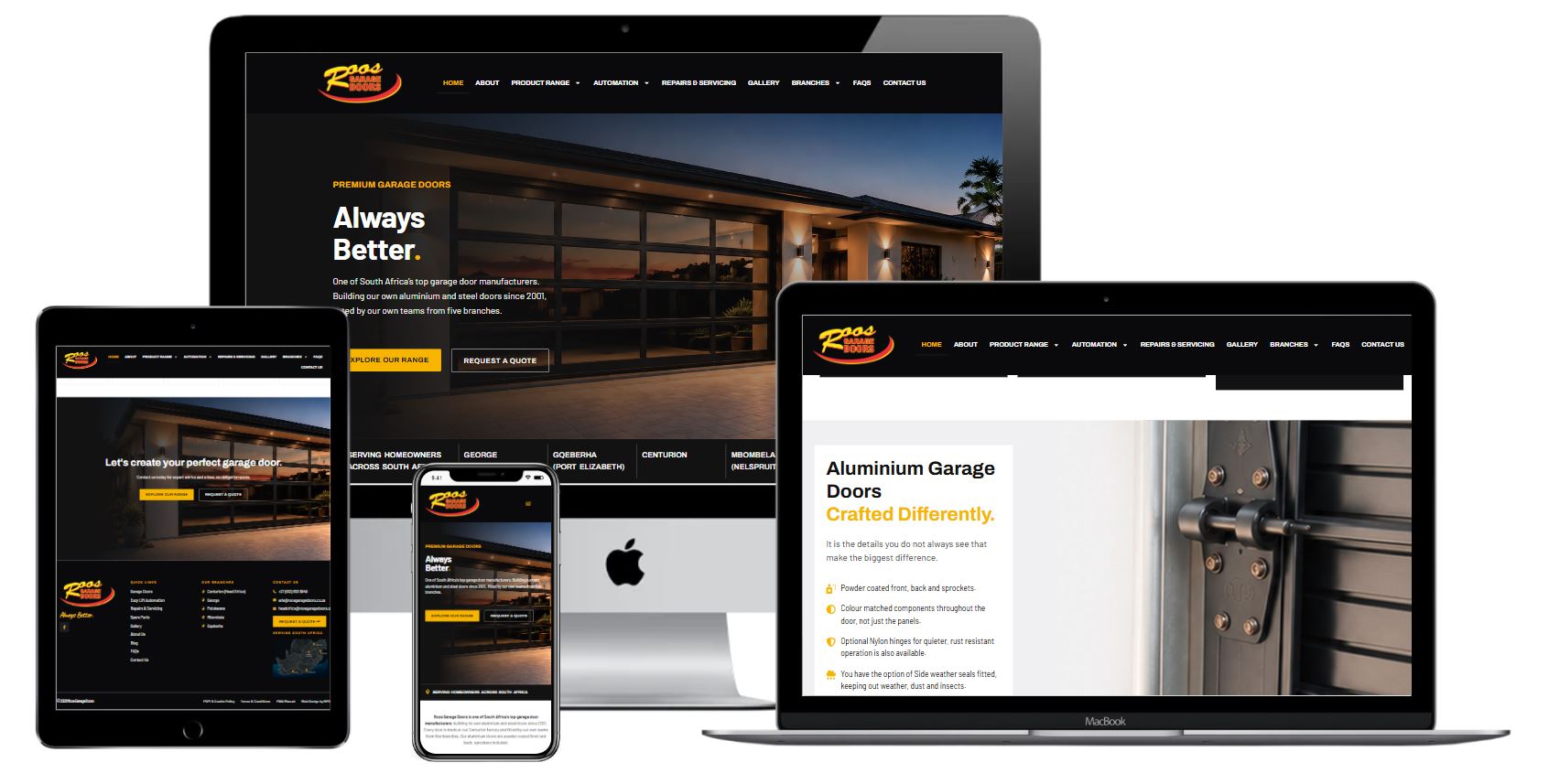 Roos Garage Doors national website rebuilt by New Perspective Design, shown on desktop and mobile
